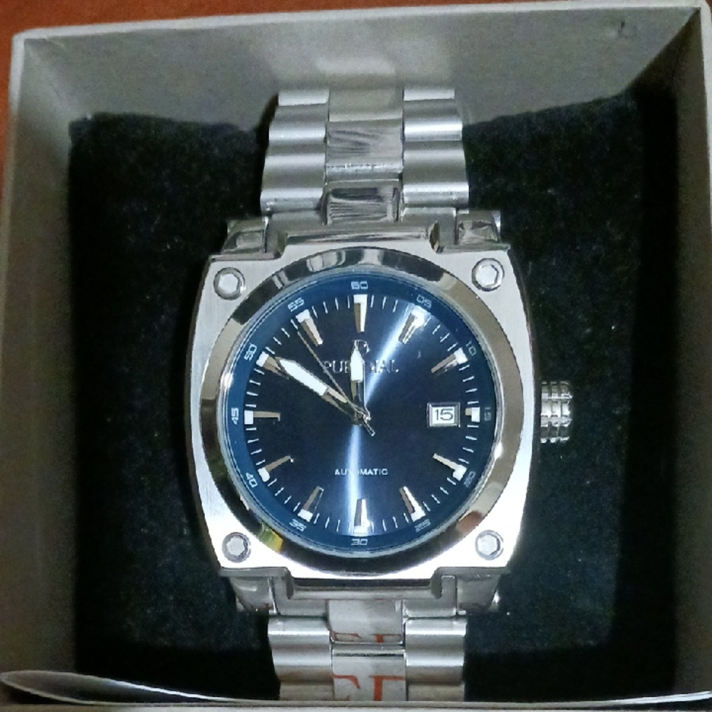 Silver and Blue Analog Watch with Date Display